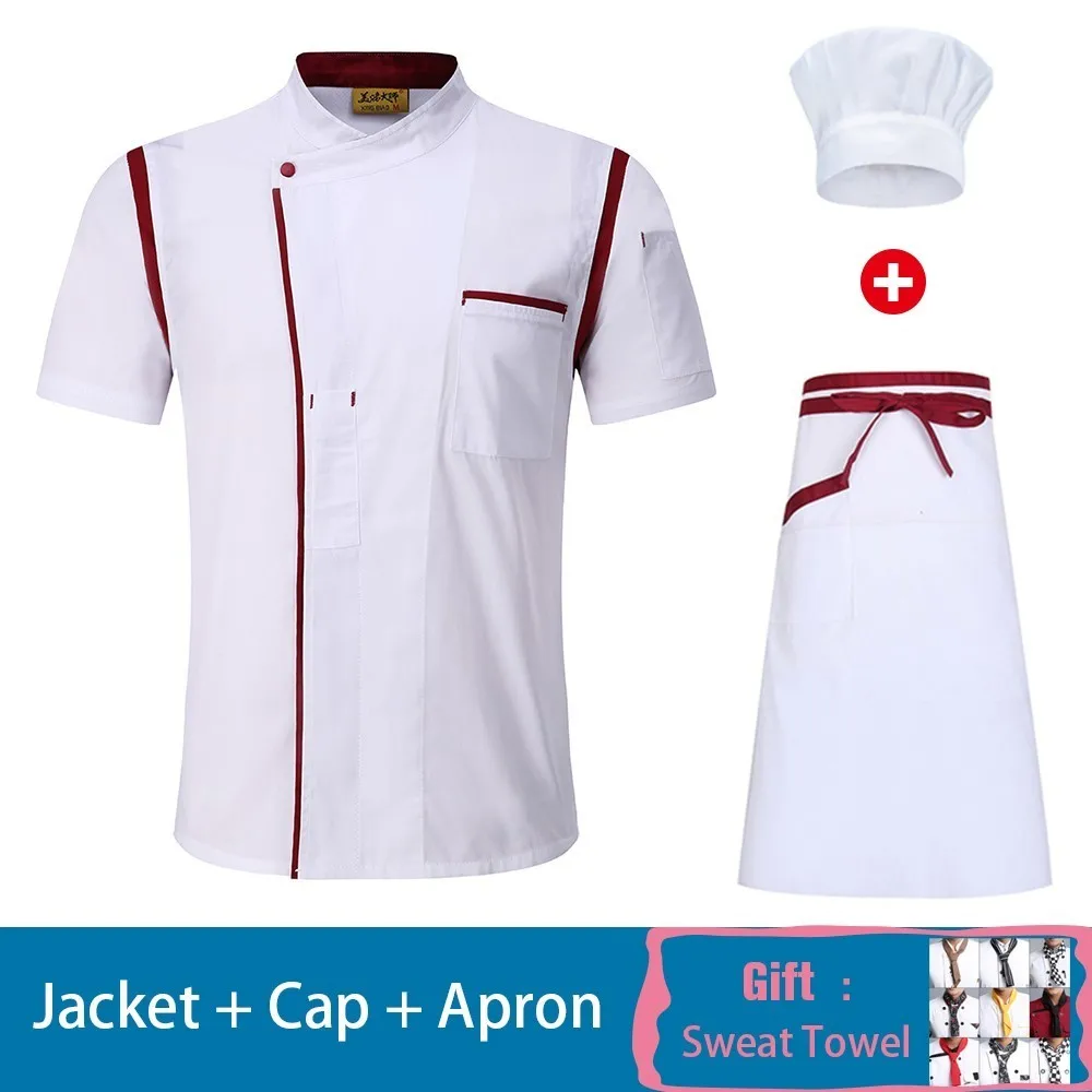 White Set 1 Мужская кухонная куртка с коротким рукавом фартук шляпа столовая Ресторан униформа для гостиничного шеф-повара кафе парикмахерские салон Рабочая Рубашка - Цвет: White Set 1