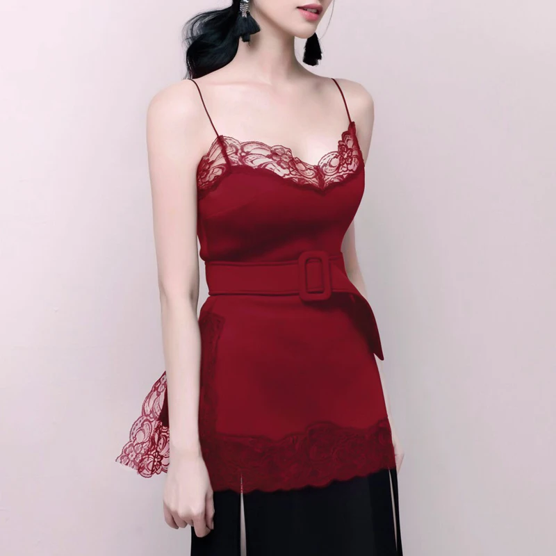 INDRESSME Для женщин бретельках узкие пикантные без рукавов пряжка пояса Кружевной Топ Bodycon модные вечерние клубный верх Лидер продаж