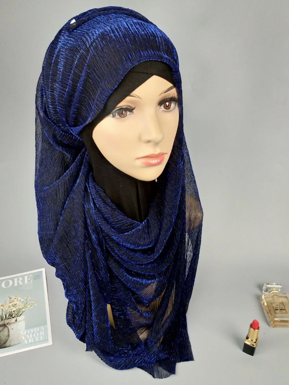 D1 glitter scarves plain shimmer elastic long headband fashion scarf hijab wraps muslim shawls