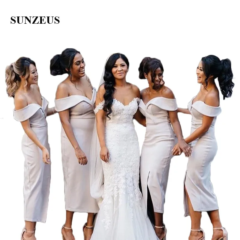 

Tea-Length Satin Bridesmaid Dresses 2022 Sweetheart Wedding Party Dress for Girls Leg Slit vestidos de madrinha SBD59