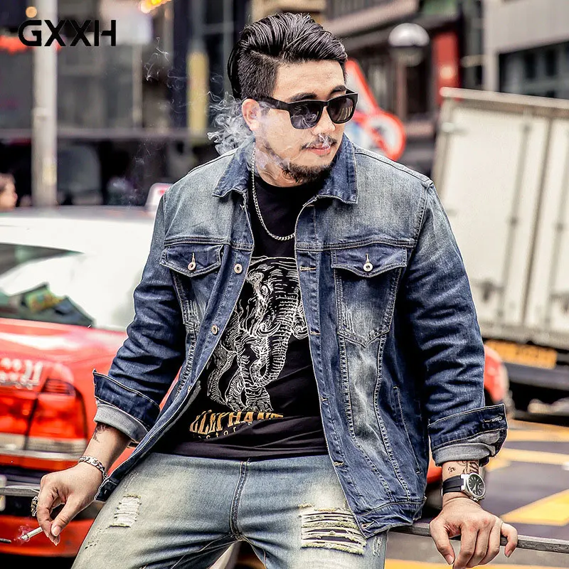 

Large size 6XL Men's jacket Blue Denim jacket Coat Lapel Button White Worn Denim jacket Suitable for 130kg Men's clothing