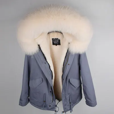 short gray beige fur Новинка, Брендовое меховое пальто, парка, зимняя куртка, пальто, женская парка, настоящий большой воротник из лисьего меха, с капюшоном, с искусственным мехом, длинная верхняя одежда - Цвет: short gray beige fur