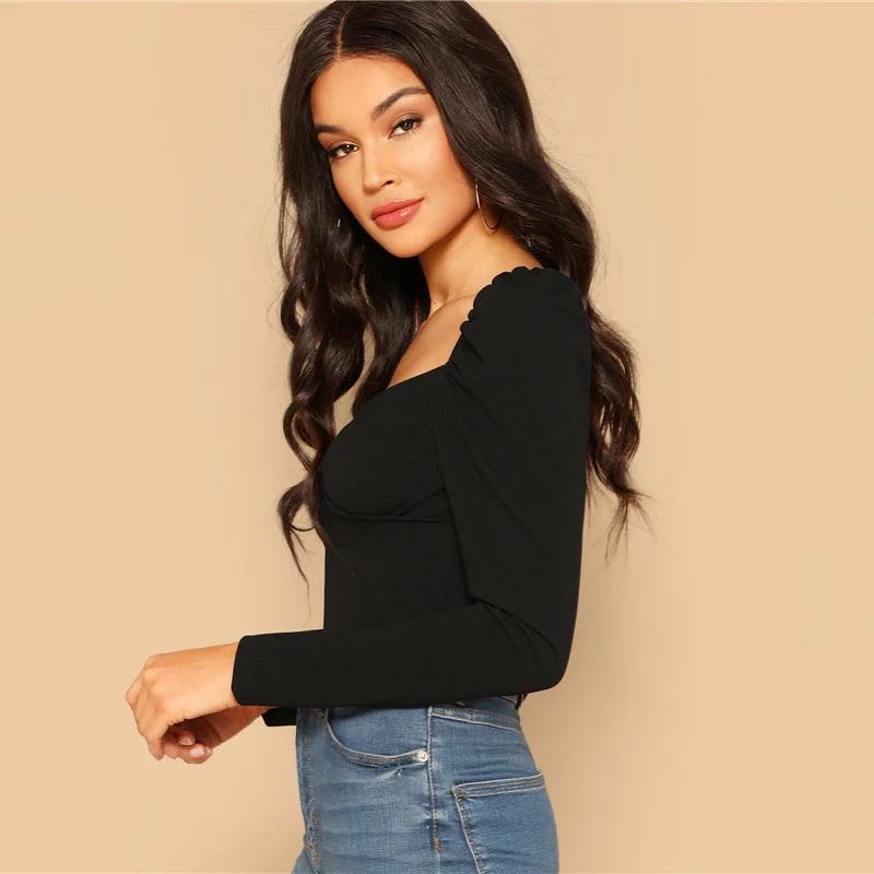 COLROVIE Black Solid Zip Back Fitted Wrap Sweetheart Elegant Blouses Women Spring Long Sleeve Shirt Sexy Office Ladies Tops