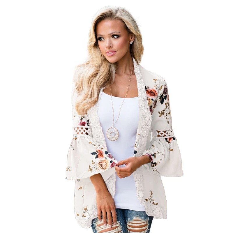 Кружевная шифоновая блузка с цветочным принтом женская рубашка открытым стежком