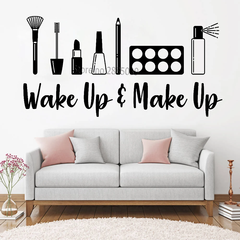 Wake up and Make Up Quote Наклейки на стену Наклейка на стену винил, искусство, дизайн, брови макияж инструменты фрески красота студия украшения LC975