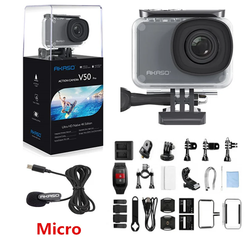 AKASO V50 Pro родная 4 K/30fps 20MP WiFi Экшн-камера EIS с сенсорным экраном 30m Водонепроницаемая Спортивная камера 4k с поддержкой внешнего Micro - Цвет: with Micro