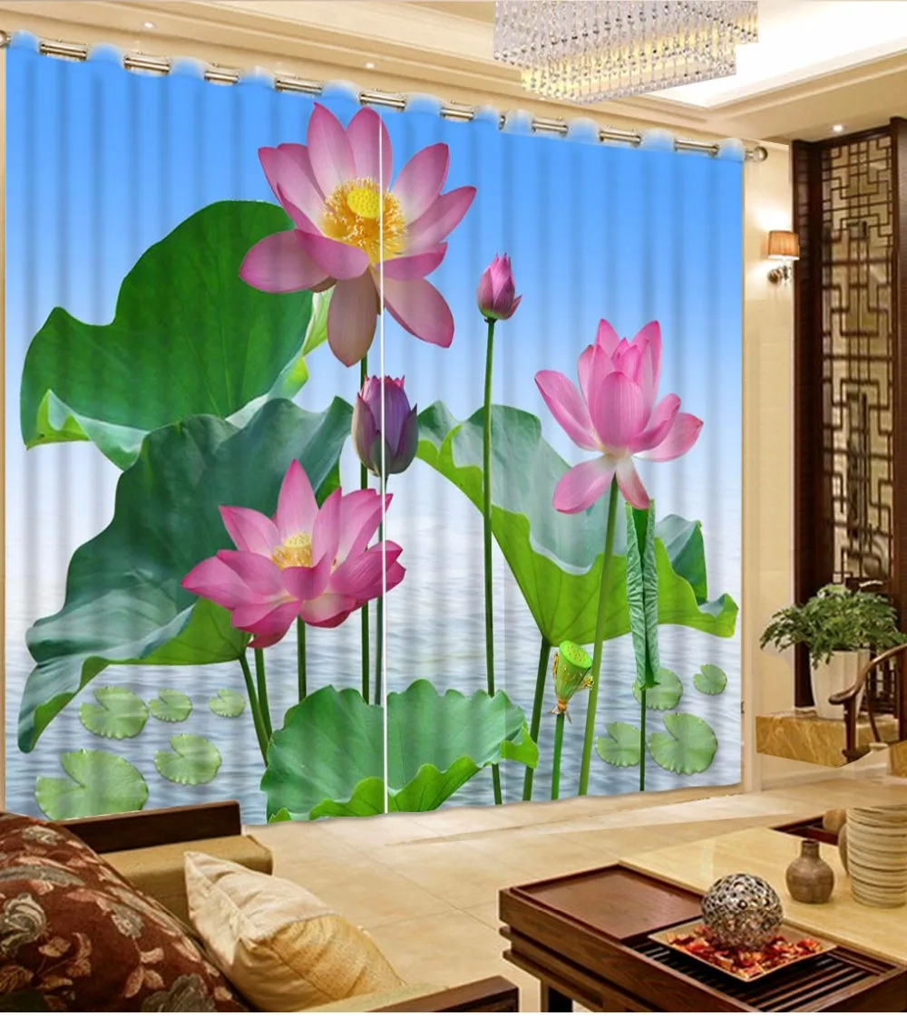 

Pastoral Style Curtains Printing Curtains For Living Room Bedroom beautiful lotus Luxury Fashion Window Curtains For Home