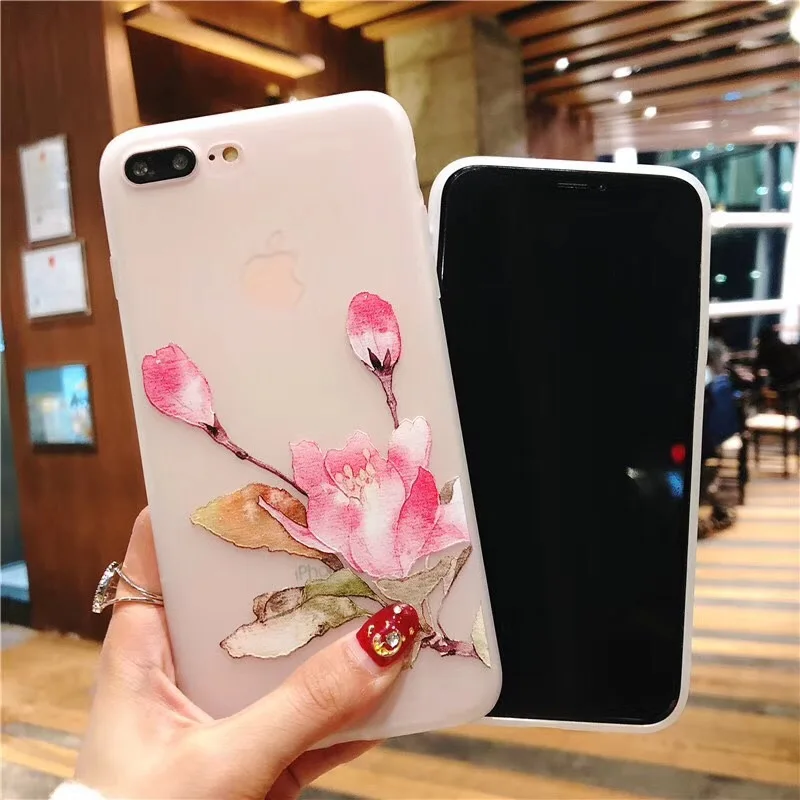 Boucho Relief Watercolor Flowers Pattern Case For iphone 6 6s 7 8 Plus Fashion Matte Soft Silicone Phone Cases X |