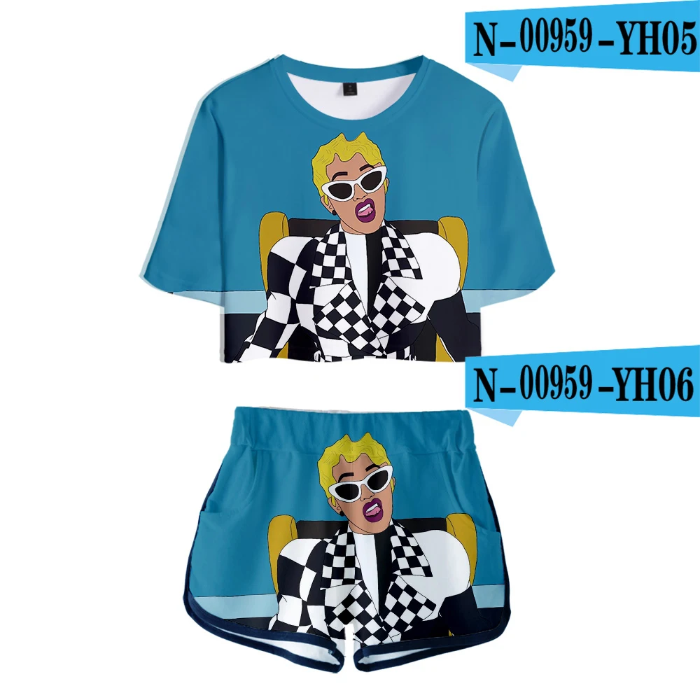 N00959 Женская одежда, 2 предмета, женский розовый костюм Cardi B, футболка с 3D принтом, женский костюм, шорты, летний укороченный топ из 2 предметов, ансамбль женский - Цвет: N00959