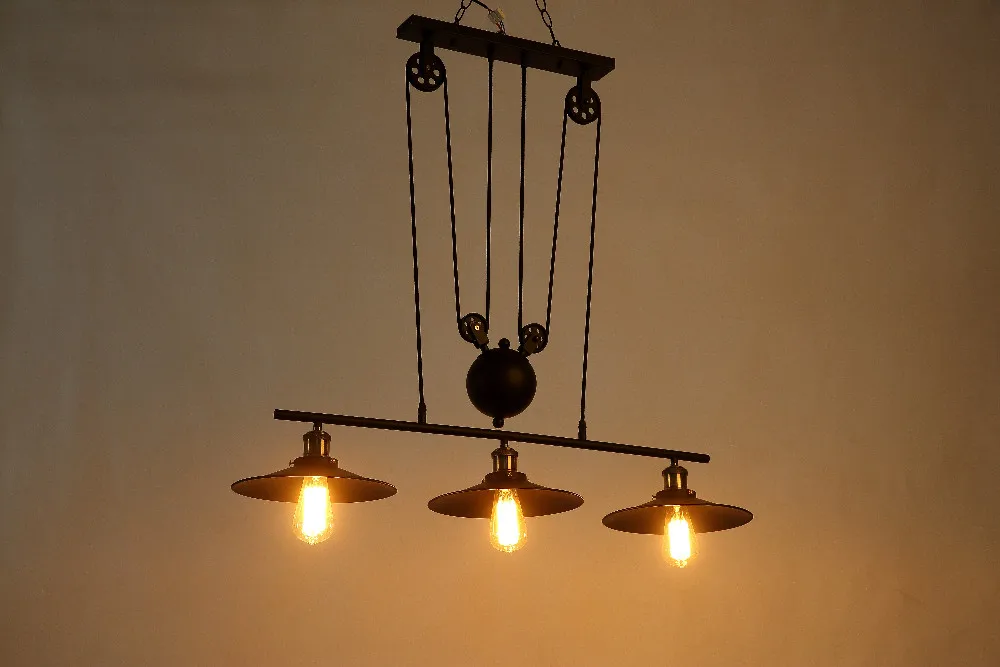 Чердак Винтаж шкив подвесные светильники 3 головки выдвижной Железный остров