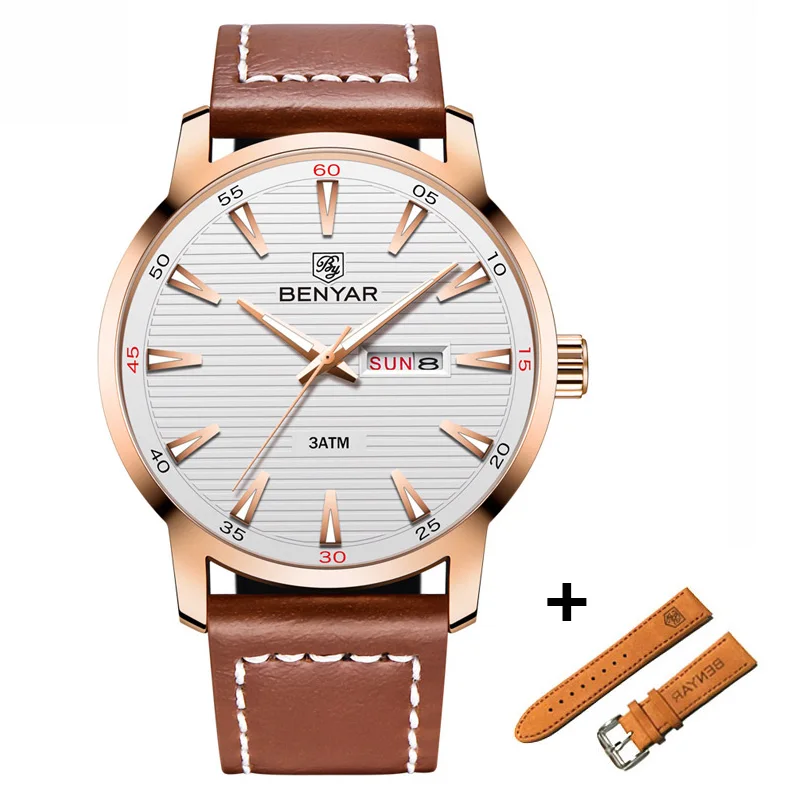 Brown Gold White BENYAR, модные мужские часы, Лидирующий бренд, Роскошные Кварцевые часы для мужчин, спортивные, водонепроницаемые, военные наручные часы для мужчин, s reloj hombre, кожа - Цвет: Brown Gold White