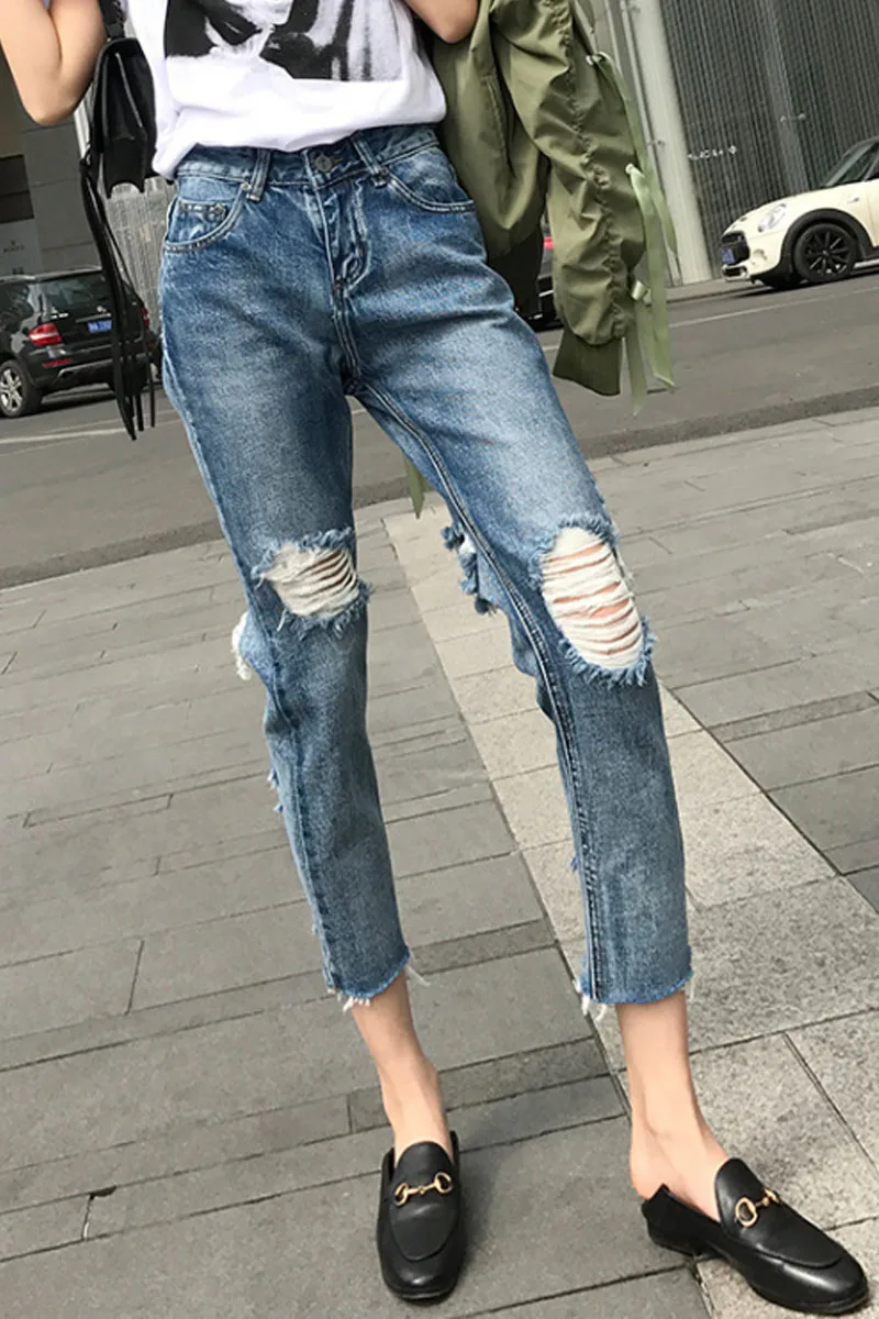 

Summer Women Hole Jeans Large Size Tide Female High Waist Loose Beggar Blue Jean Loose Nine Points Street Straight Denim Jeans
