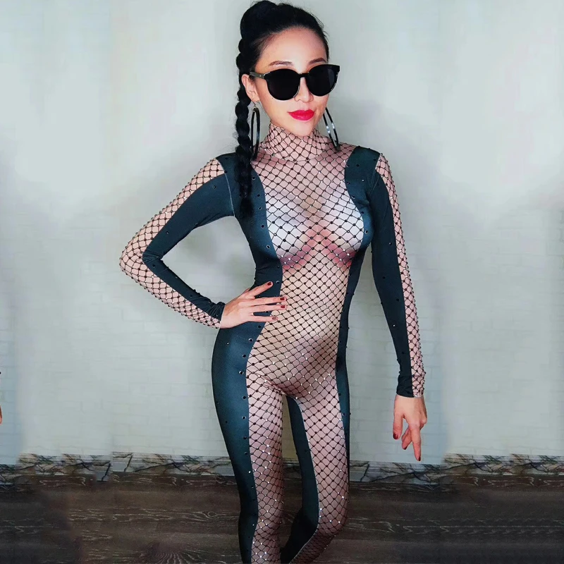 Черный сетчатый боди Zentai сексуальные джазовые танцевальные костюмы женский