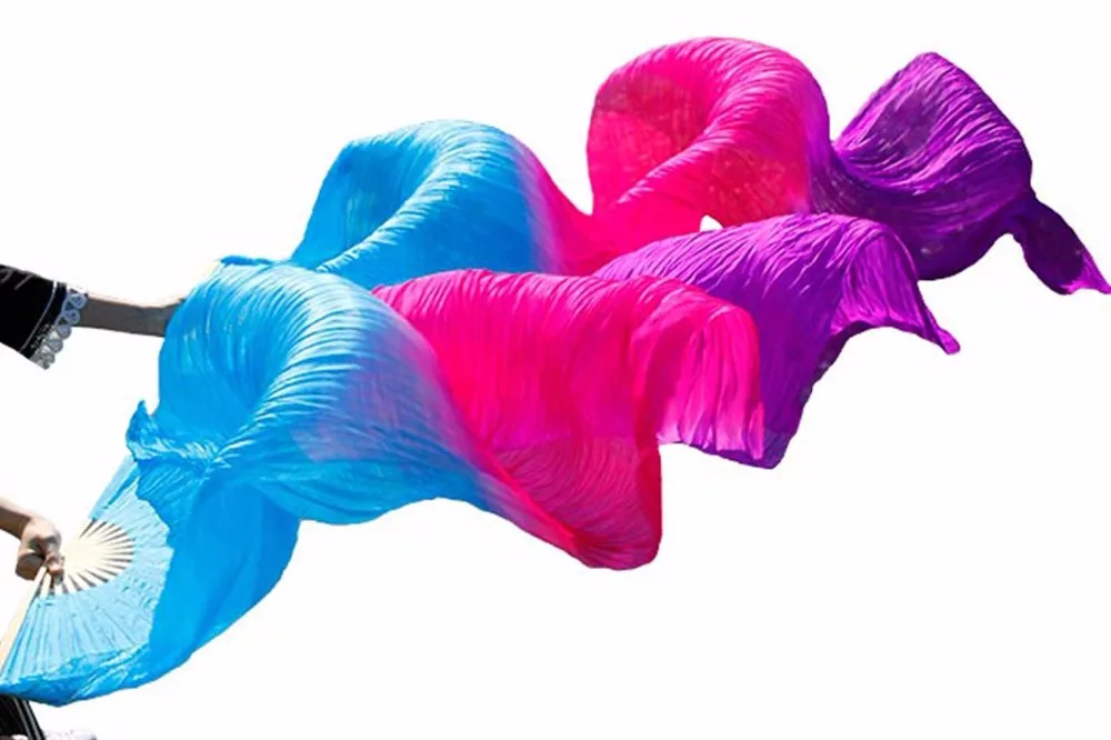 

High Quality 100% Silk Belly Dance Fan Handmade Dyed Silk Dance Performance Props Silk Fans 1Pair Turquoise+Rose+Purple 180x90cm