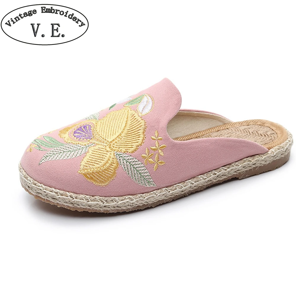 Винтаж ткань хлопок с вышивкой пара тапочек из Лена и Для женщин слипоны на