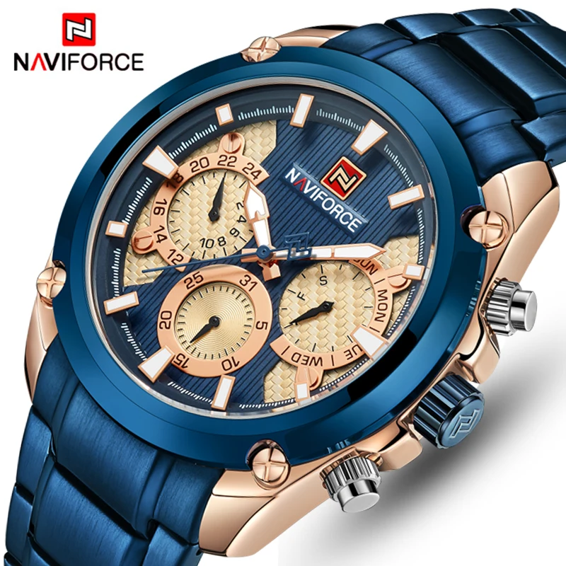 Топ бренд класса люкс NAVIFORCE синие золотые часы мужские модные спортивные