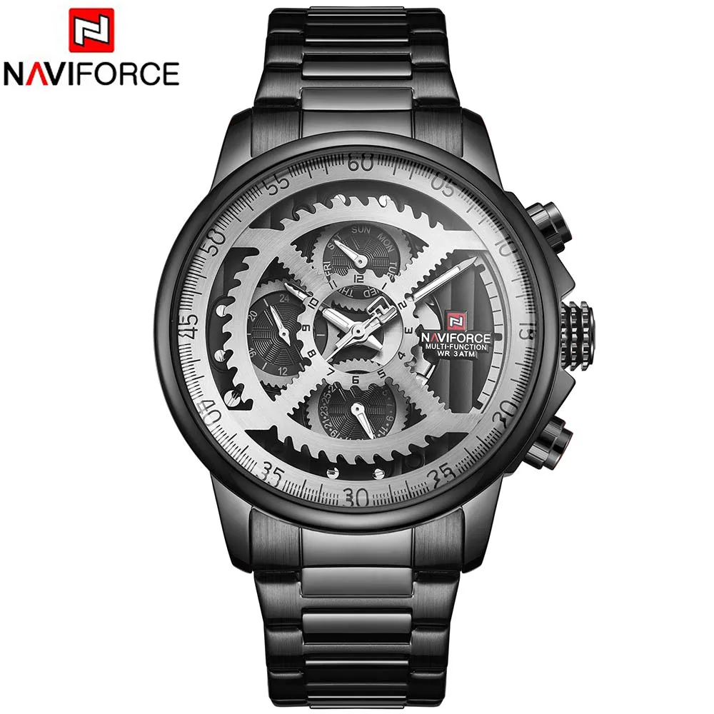 Naviforce 9150 мужские s часы лучший бренд класса люкс кварцевые часы Стальные мужские военные водонепроницаемые спортивные наручные часы мужские - Цвет: Silver Black