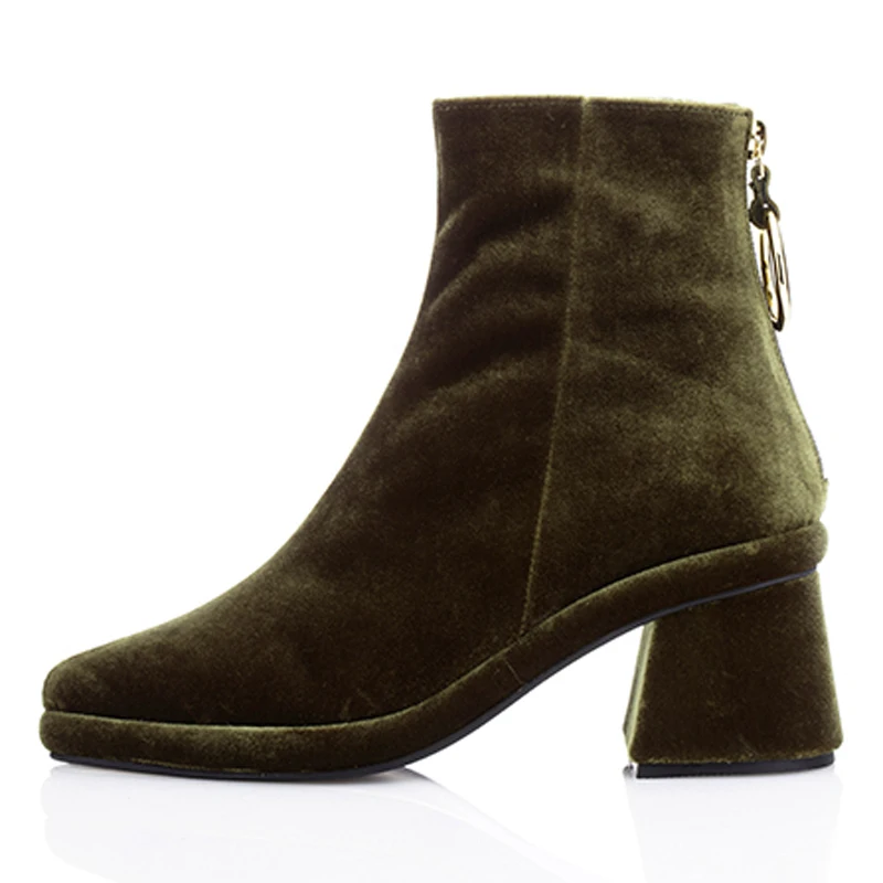 Green Velvet Boots Роскошные Дизайнерские бархатные женские ботинки; цвет черный, зеленый, коричневый; женские ботильоны на молнии с металлическим кольцом; обувь на среднем каблуке; женские зимние ботинки - Цвет: Green Velvet Boots
