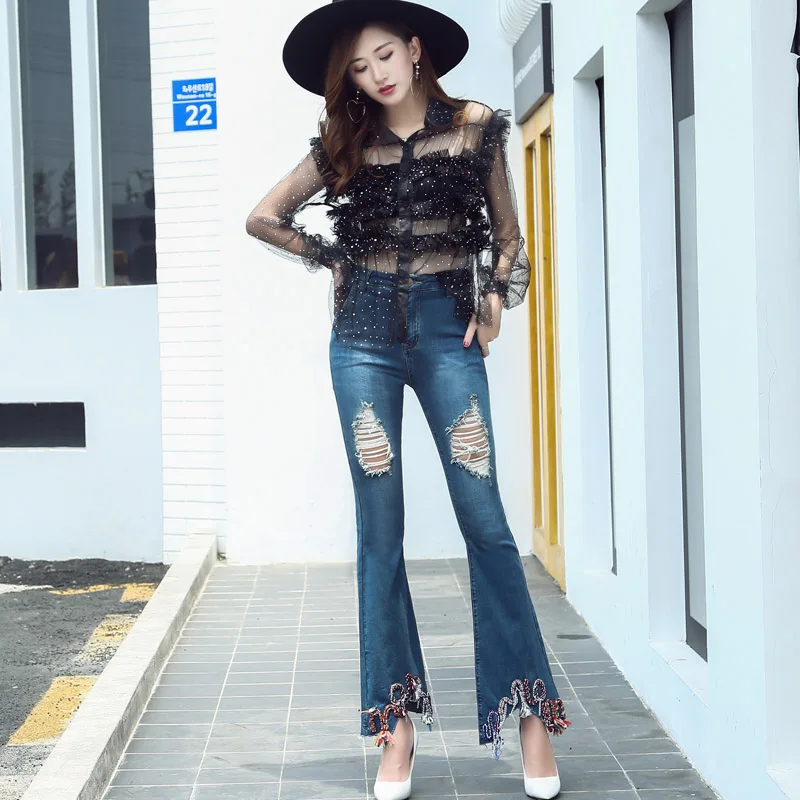 Распродажа женские рваные джинсы модные расклешенные для женщин джинсовые брюки