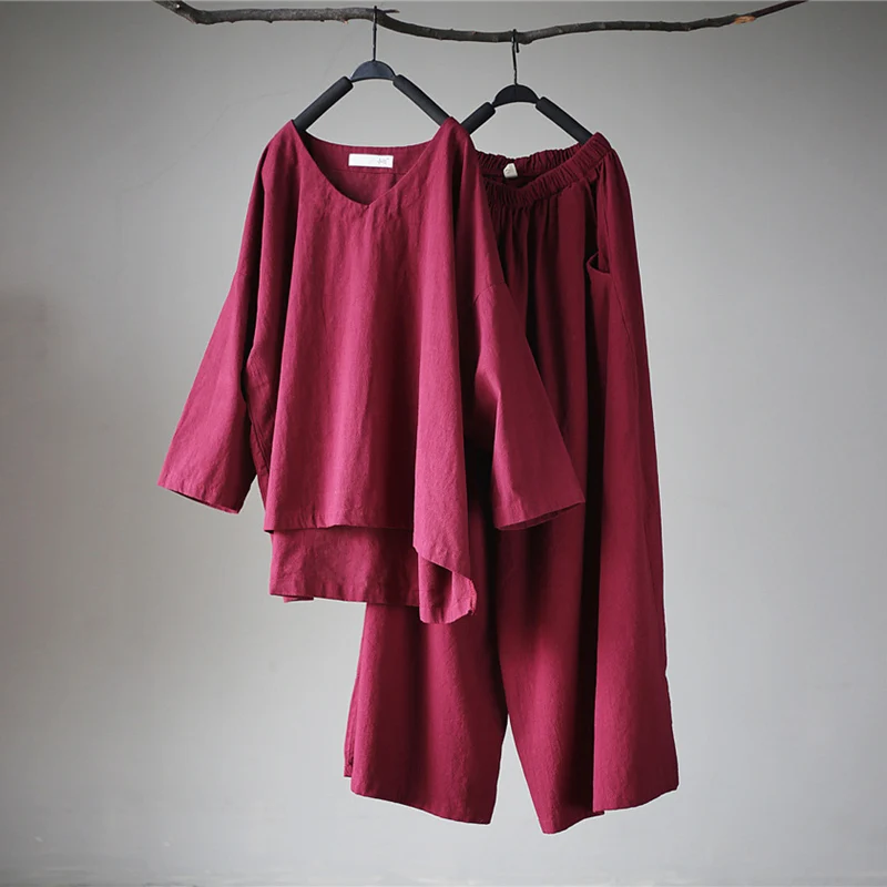 date red Johnature, Женский однотонный комплект из двух предметов, весна, v-образный вырез, девять точек, рукав, топы и эластичный пояс, прямые длинные штаны, женские комплекты - Цвет: date red