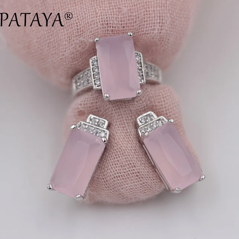 PATAYA New Square Green Natural Zirconia Earrings Ring Sets Women Wedding Party True White Gold Romantic Jewelry Set Multicolor | Украшения