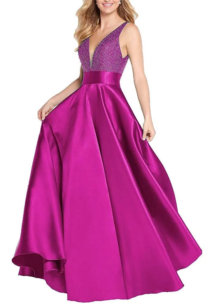 Женское длинное сатиновое платье JaneVini красное для выпускного бала с глубоким