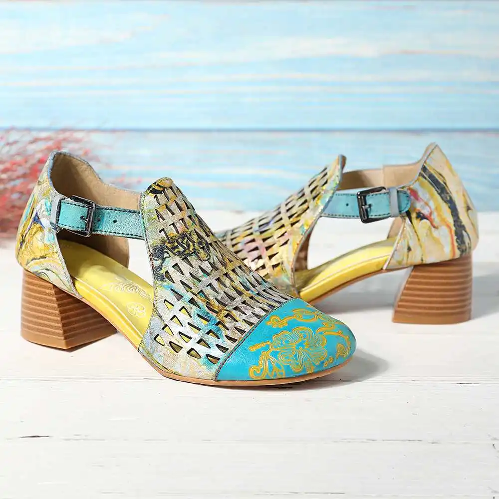 SOCOFY Hand Painted Sandals Retro Veins Genuine Leather Splicing Big Head Hollow Soft Sandals Shoes Women Sandalias Mujer