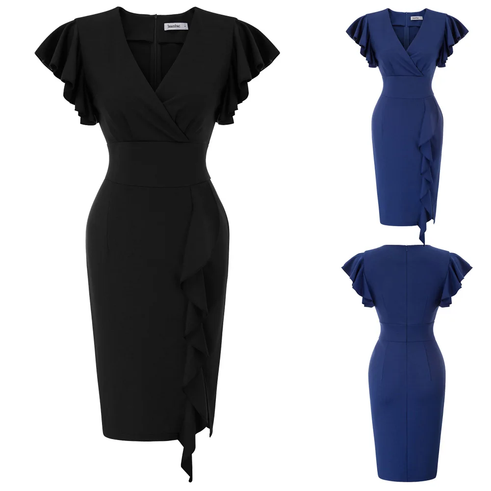 Женское платье с рюшами и v-образным вырезом элегантное сексуальное офисное для