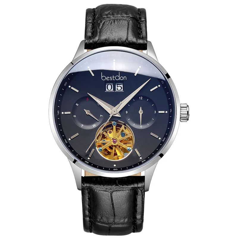 Silver-black-leather Bestdon изогнутые механические часы для мужчин швейцарский Топ люксовый бренд автоматические часы водонепроницаемые Blu-Ray Relogio Masculino 7143-7 - Цвет: Silver-black-leather