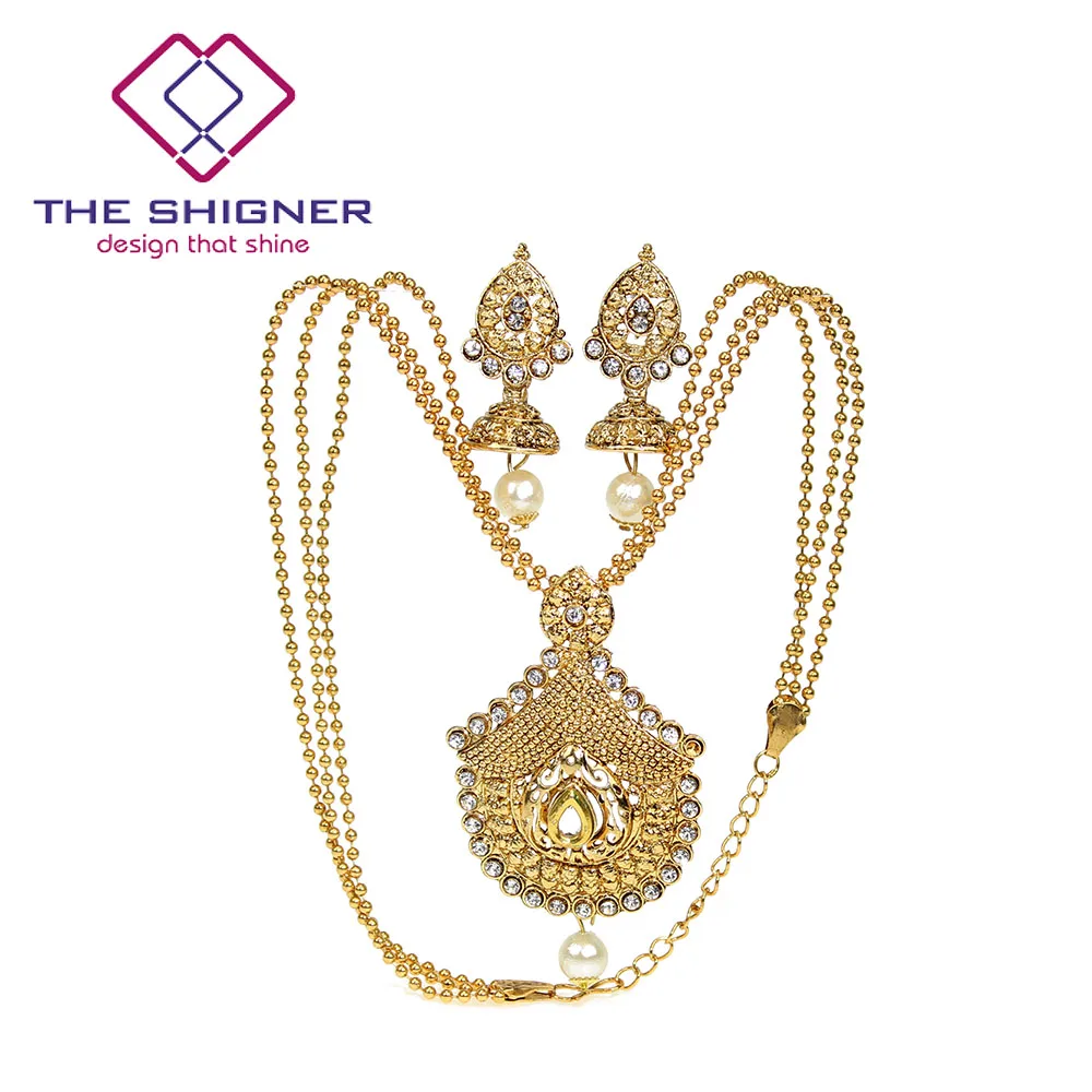 SHIGNER индийский bahuali Mughal Kundan chandali камень жемчуг золотой тон драгоценное свадебное ожерелье серьги набор медальонов