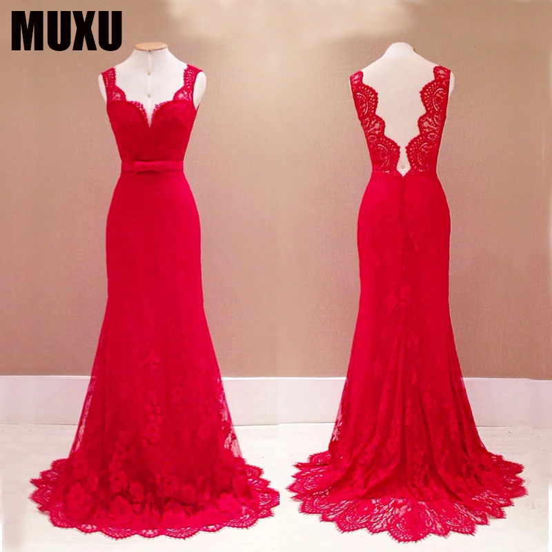 MUXU Красное Кружевное платье vestidos Женская одежда платья Сарафан длинное