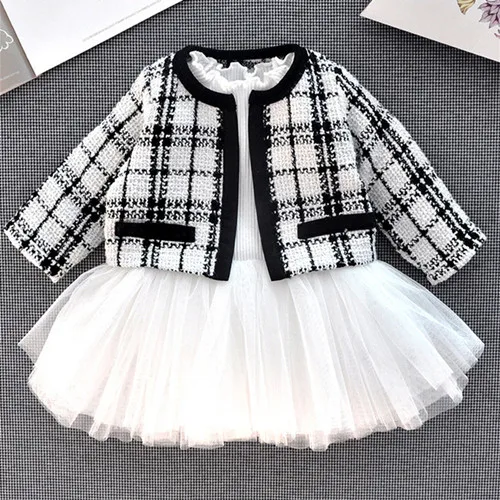 White dress set Комплект одежды для новорожденных девочек, свитер с длинными рукавами и открытым швом, платье, костюмы с рисунком «гусиная лапка», осенняя куртка для девочек - Цвет: White dress set