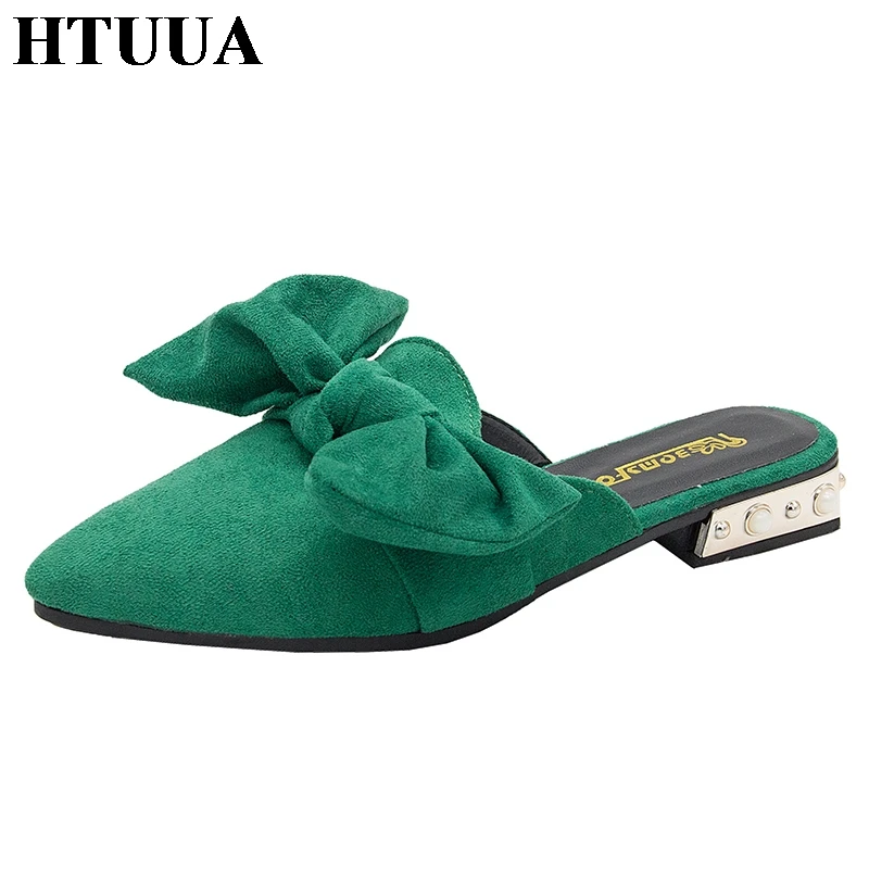 HTUUA/2019 женские шлепанцы из флока с жемчужным бантом на плоской подошве летние