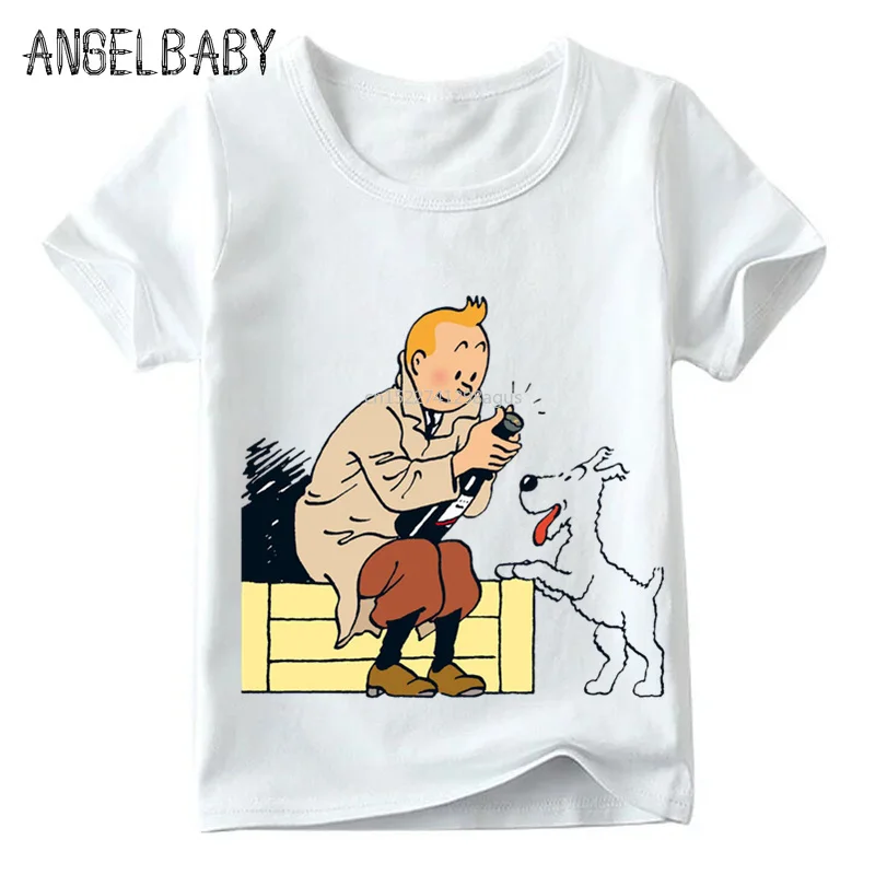 Детская забавная футболка с мультяшным принтом TINTIN летние белые топы для