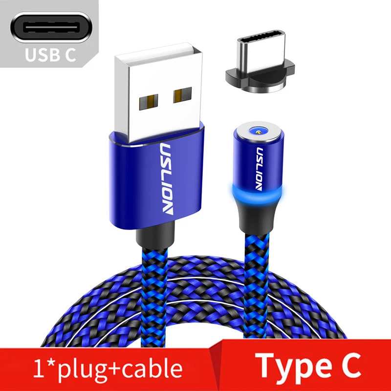 Blue Type C Магнитный светодиодный кабель USLION Micro usb type C для samsung S10 S9 S8 Xiaomi для iPhone XS MAX XR 8 7 6 6S USB-C магнитное зарядное устройство - Цвет: Blue Type C