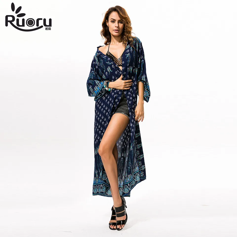 Ruoru Women Loose Long Blouse Shirt Maxi Boho Kimono Plus Size Casual Top for Summer Beachwear Cardigan Jacket|boho kimono|blouses pluslong blouses