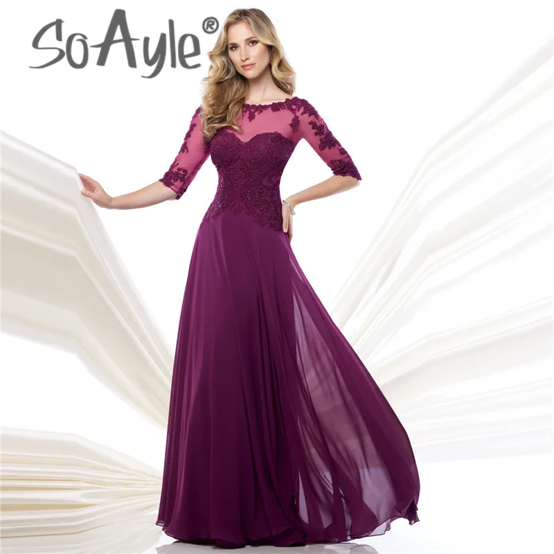 SoAyle 2017 Шифон-Линии с ручной бисером кружевные Аппликации три четверти Рукава Scoop