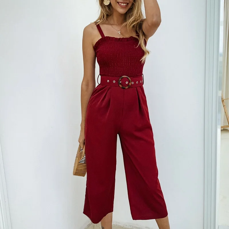 Однотонный женский комбинезон с круглым вырезом и пуговицами богемный