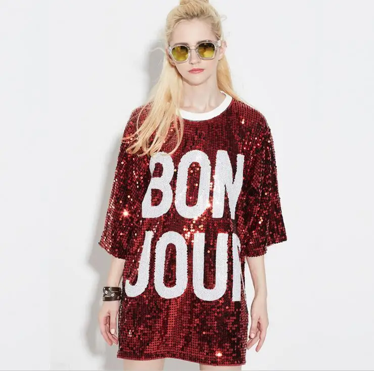 Women's Sequin T-Shirt Dress - Loose Fit Club Dress with Glitter Tops and Tee Shirt Sleeves - Perfect Christmas Dress for Women's Fashion image 3