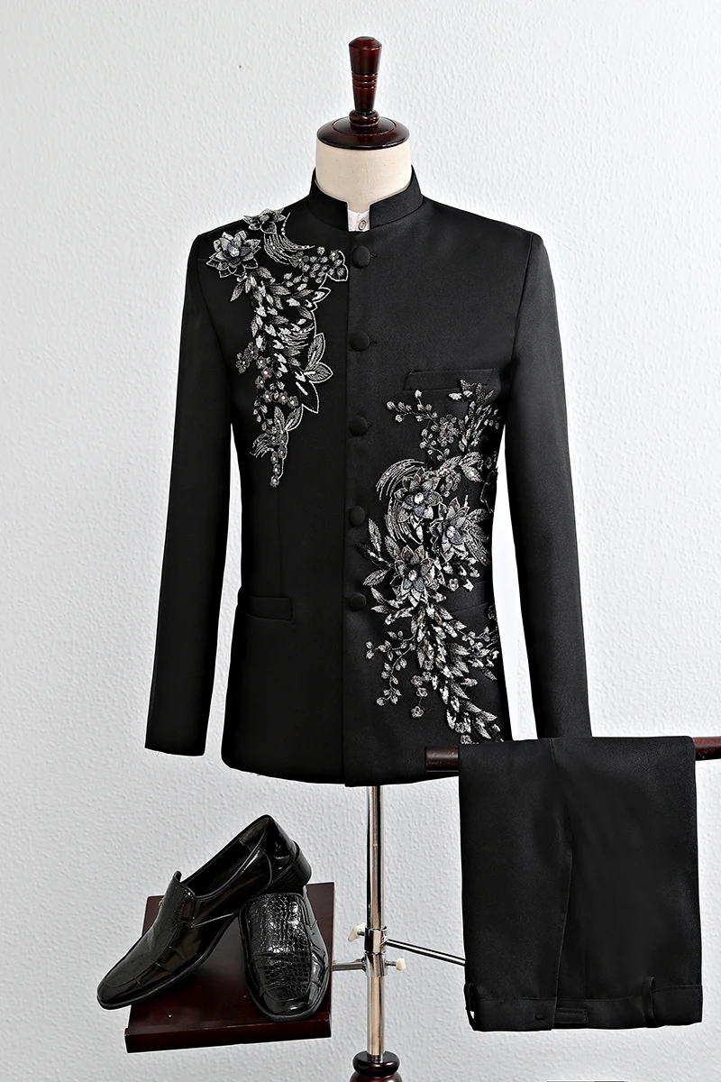 

Men's clothing formal suit chinese style embroidery chinese tunic suit stand collar set embroidered wedding set top + pants