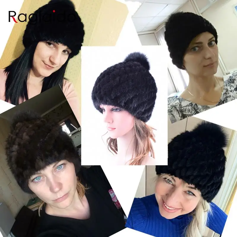 Raglaido шапки для женщин меховые Mink Fur Hat pompom caps Помпон Настоящее Норки Меховые Шапки
