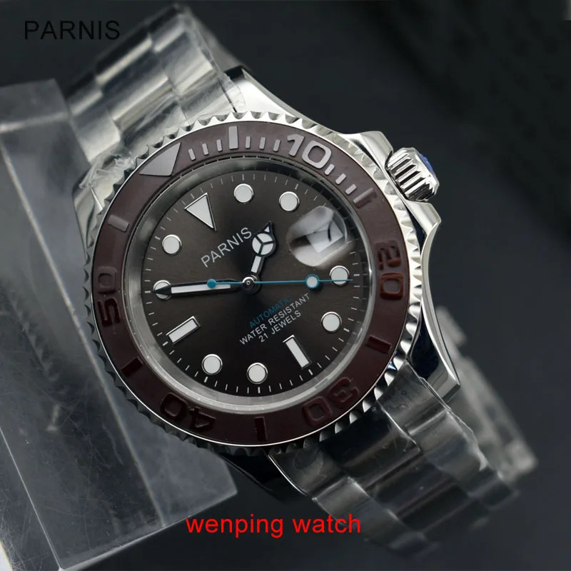 Мужские часы Parnis 40 мм с зеленым светящимся циферблатом кофе сапфировое стекло