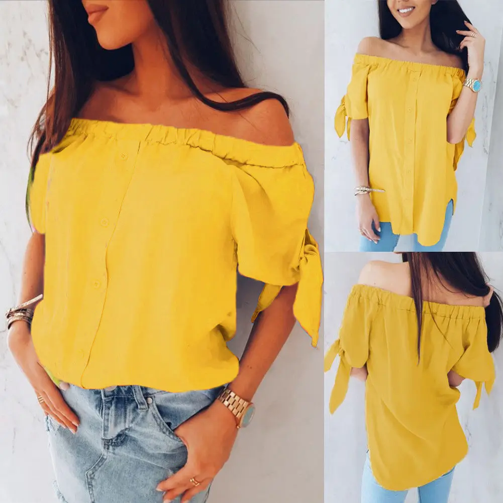 Women Fashion Summer Off Shoulder Short Sleeve Beach Casual Slash Neck Blouse |