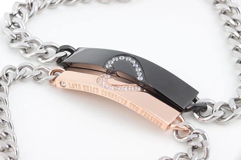 Циркон Сердце Паззлы любовник браслет Титан Сталь розовый/черный покрытием