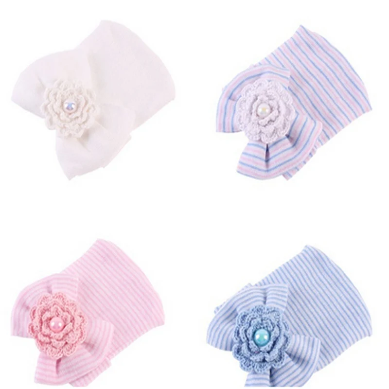 0-3M Newborn Crochet Cap Baby Girls Boys Infant Hats Girl Toddler Comfy Bowknot Hospital Striped Beanie Hat | Детская одежда и