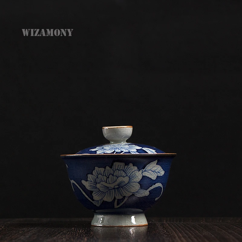 1 шт. WIZAMONY маленький голубой и белый Gaiwan китайский старинный глазурь Цзиндэчжэнь