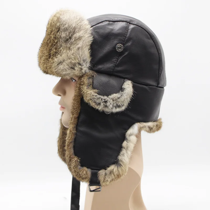 2019 Men Winter Genuine Real  Fur Hat 100% Natural Real Sleepskin Leather Cap Warm Soft Russia Hot Real Fur Bomber Caps