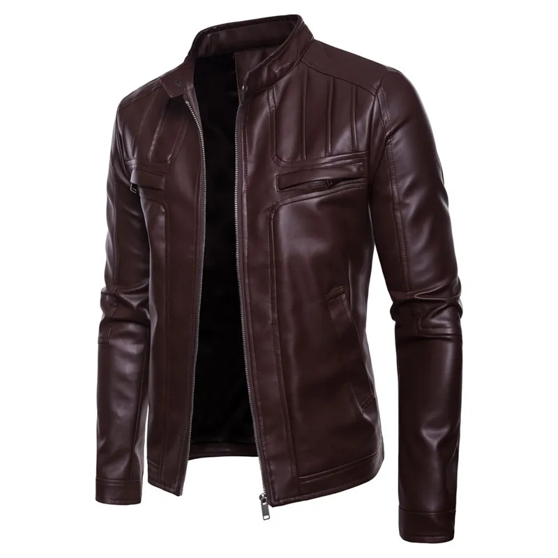 

2019 New Men's Locomotive Stand Collar Leather Men's Fashion PU Leather jacket Color Clack / Brown Size S M L XL XXL