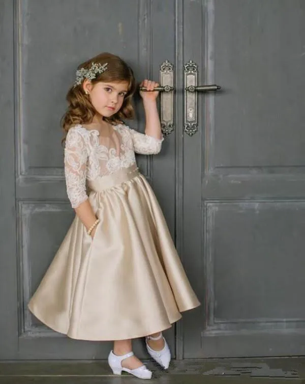 

Champagne Flower Girls Dresses Jewel 3/4 Sleeves Birthday Gowns Lace Applique Ankle-Length Formal Party Dresses Pageant Gowns