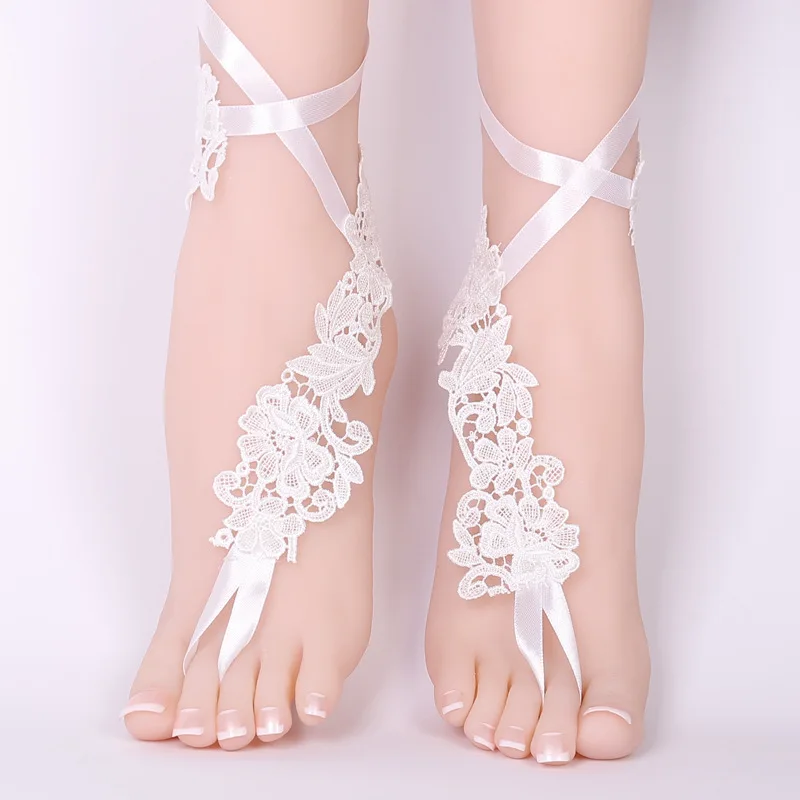 

1 Pair Elegant Lace Wedding Barefoot Sandals Anklets Shoes With Toe Sandbeach Bridal Beach Bridesmaid Foot Jewelry
